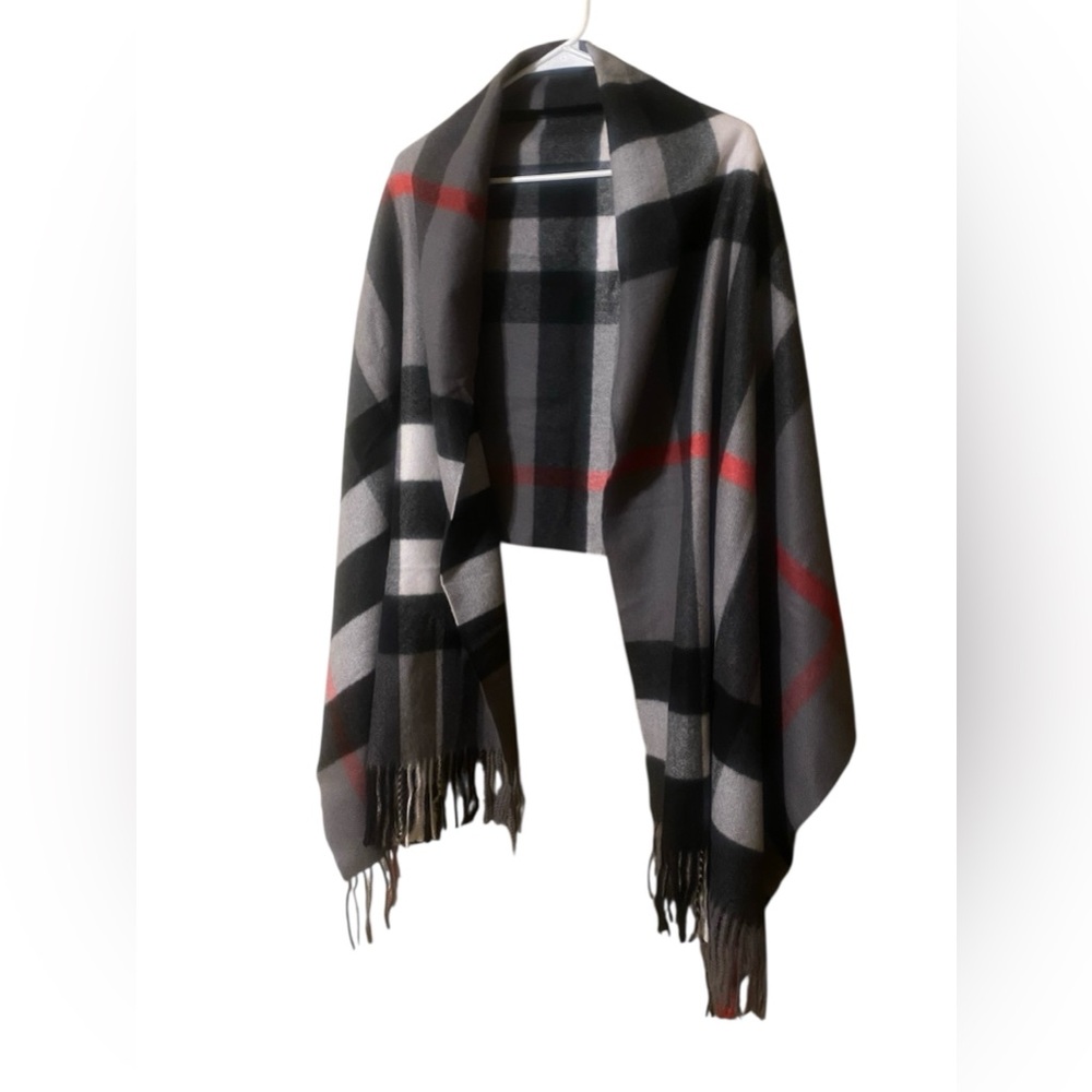 Sky Cashmere 100% Virgin Wool Scarf 26”X78” Fringe Beige Black Red Plaid Luxury - Picture 9 of 15
